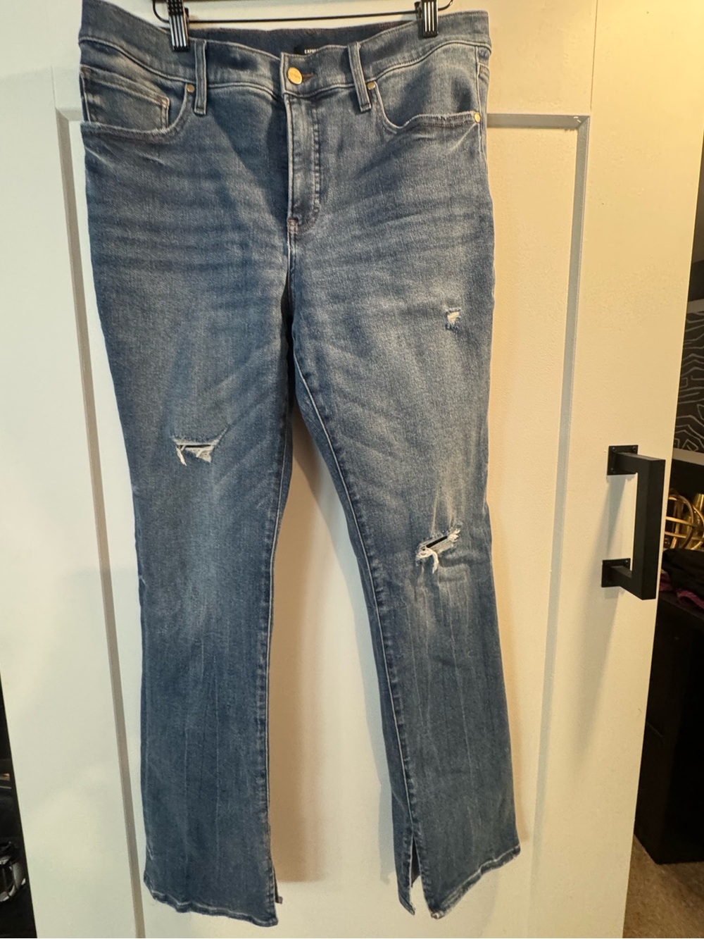 Express Women's Distressed Light Blue Straight Leg Jeans